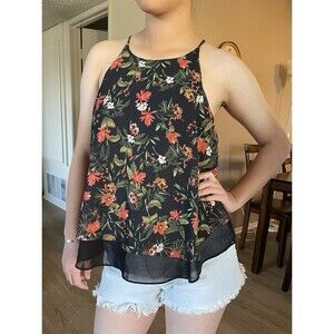 SANS SOUCI Women’s Black Floral Chiffon Halter Camisoles Layered Tank Top Size M